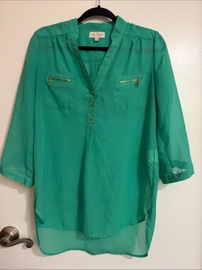 My Michelle Emerald Green Semi-Sheer Button Front Blouse